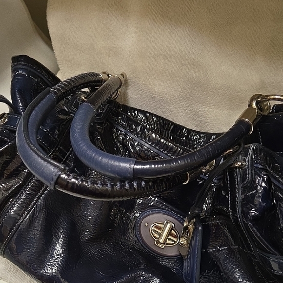 Coach Navy Blue Patent Leather Shoulder Bag with Textured Finish And Silver Acc. - Picture 9 of 10
